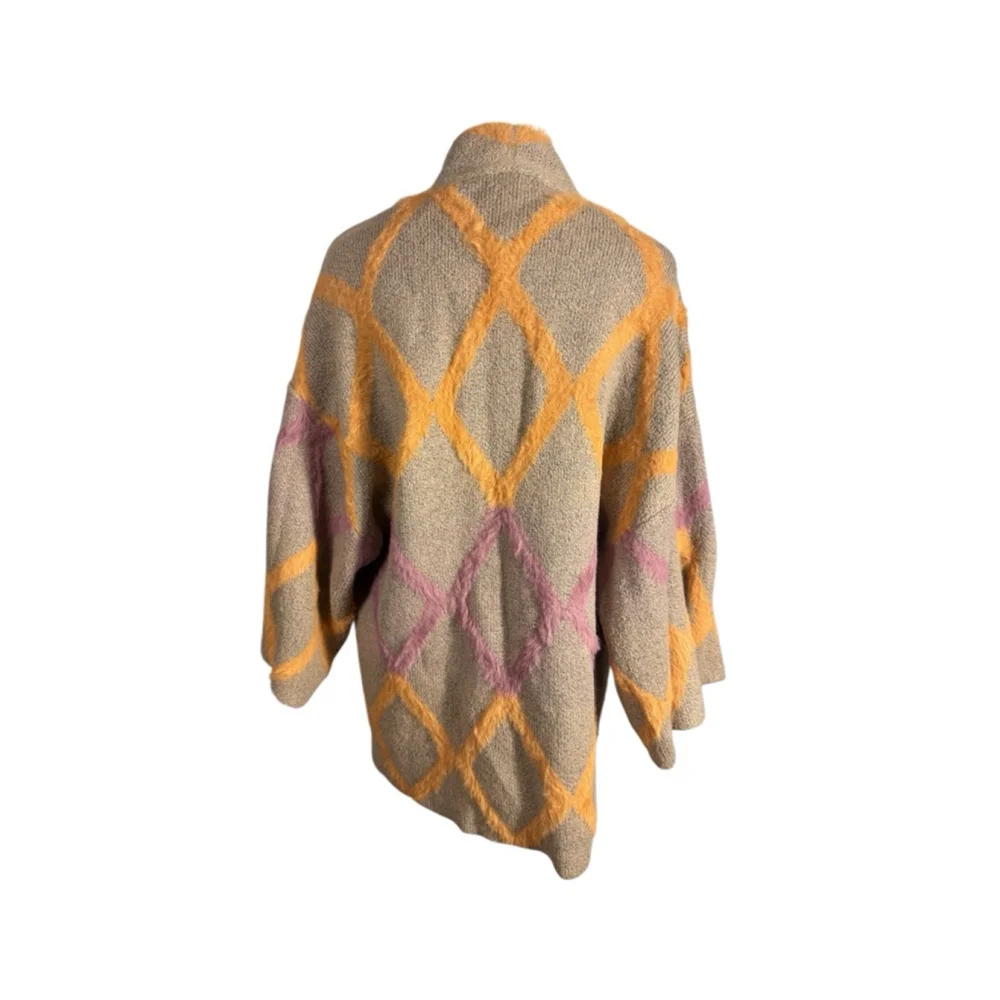 Kori America S/M Tan Brown Orange Pink Diamond Pattern Open Front Cardigan Women
